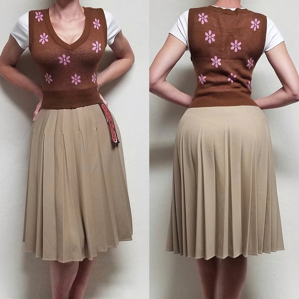 Deadstock Vintage 70s Caper-mates Stretchy Khaki Top-stitch Pleat Midi Skirt 12